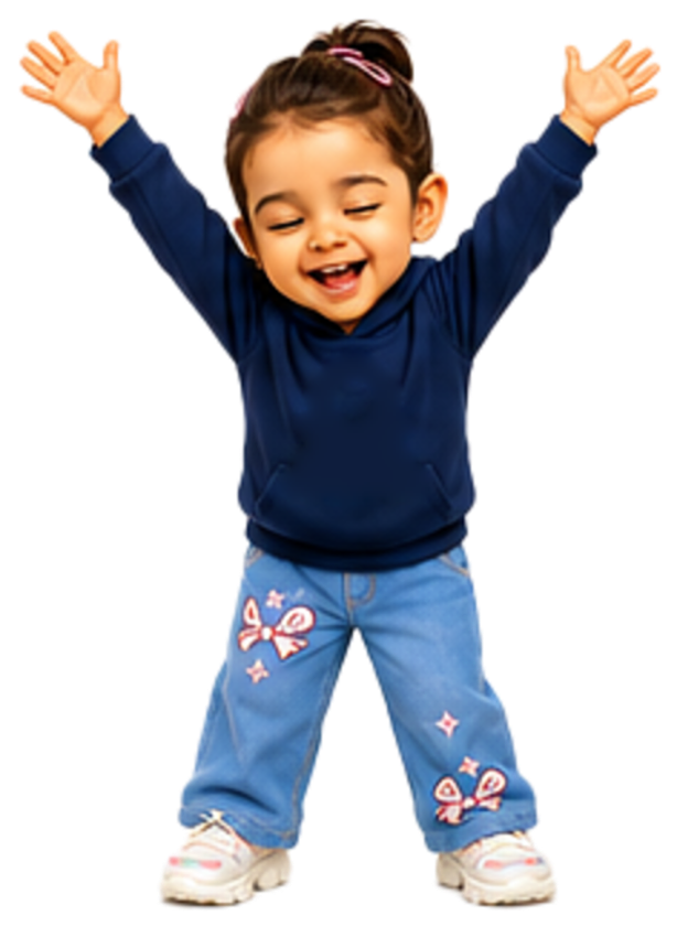 Illustrated child cheering with both arms up