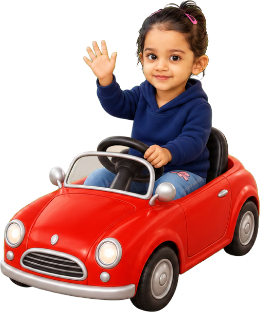 Sample character driving a toy car